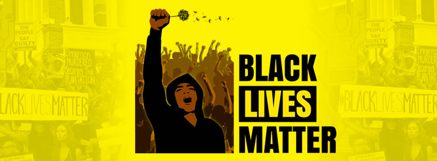 An illustration of a protestor holding up a dandelion in a crowd of other protestors next to text saying Black Lives Matter.